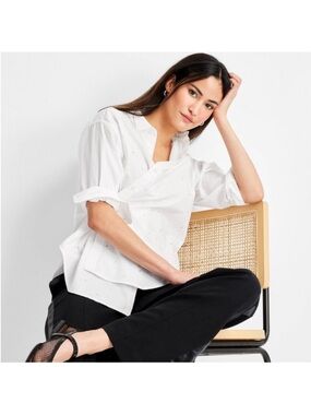 Future Collective White Button-Up Wrap Blouse
